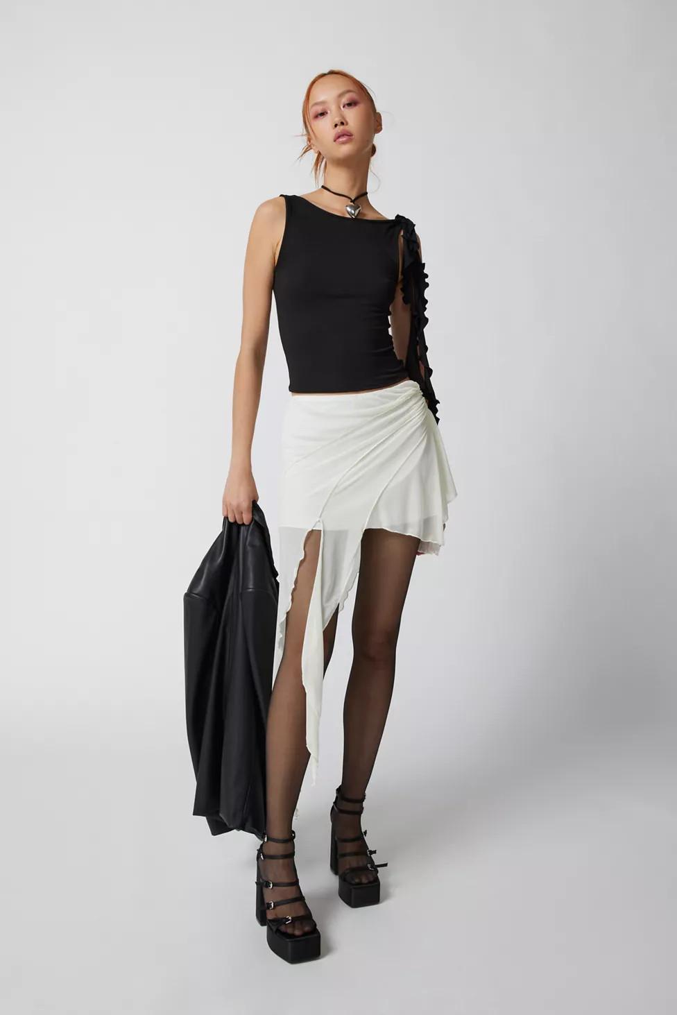 UO Charlie Mesh Asymmetrical Mini Skirt | Urban Outfitters (US and RoW)