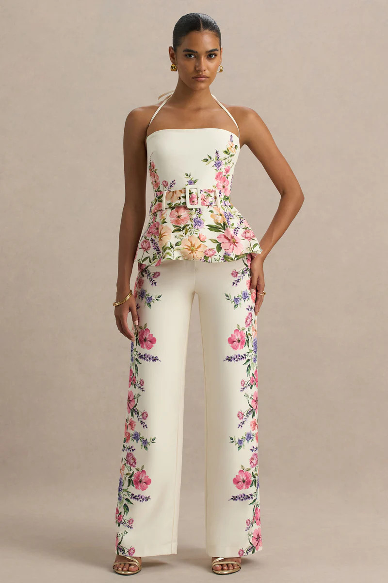 Solana | White Floral Border Print Wide-Leg Trousers | Club L London