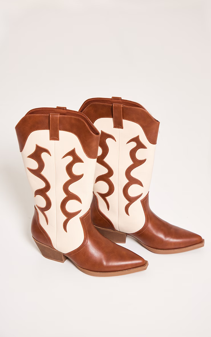 Tan PU Point Toe Contrast Western Calf Boots | PrettyLittleThing US