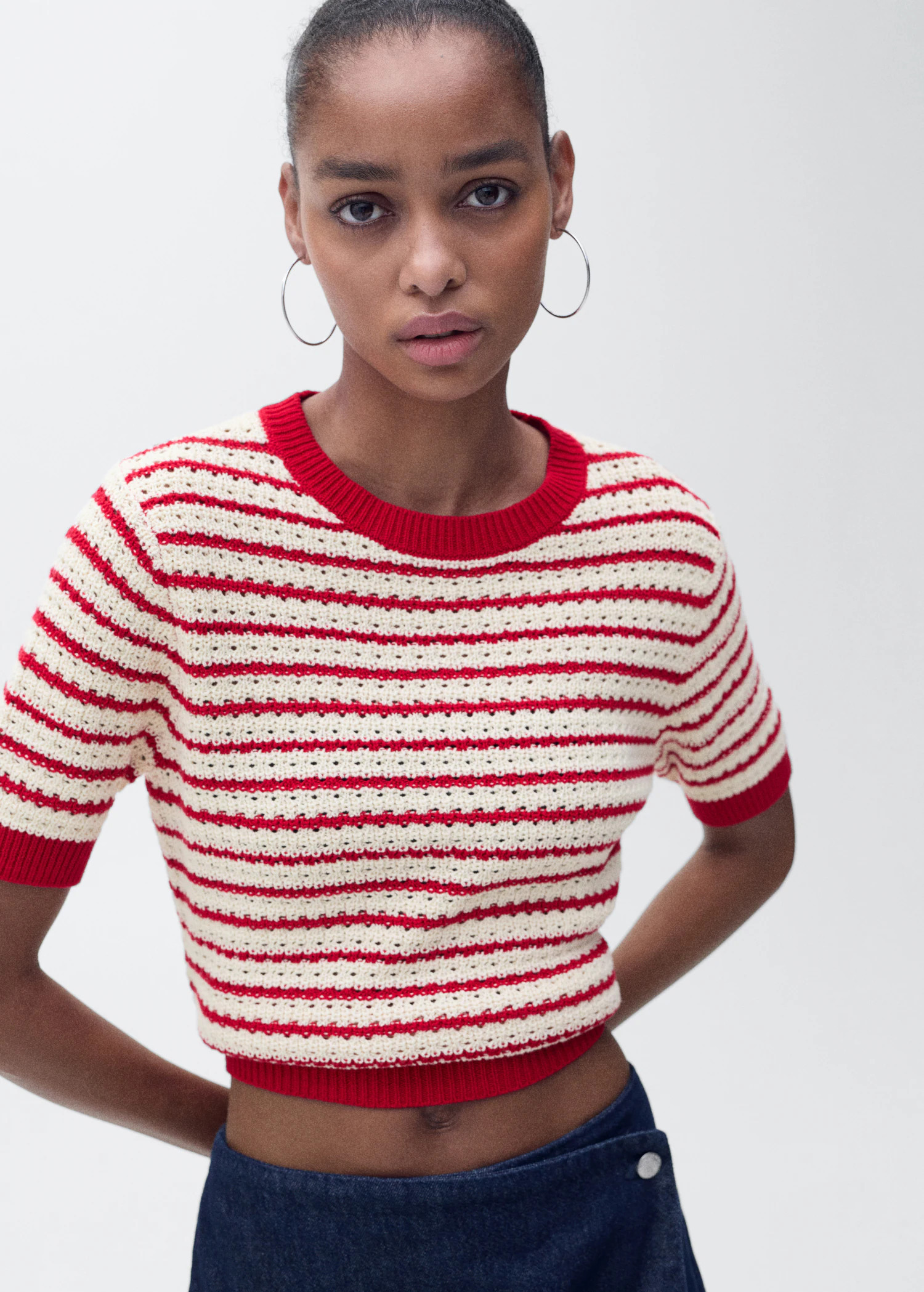 Gestreifter Pullover mit Kurzarm in Häkel-Optik - Damen | MANGO Deutschland | Mango EU
