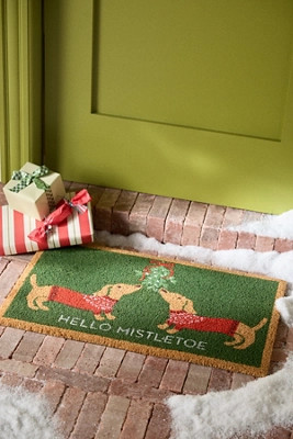 Mistletoe Dachshund Coir Printed Doormat | Anthropologie (UK)