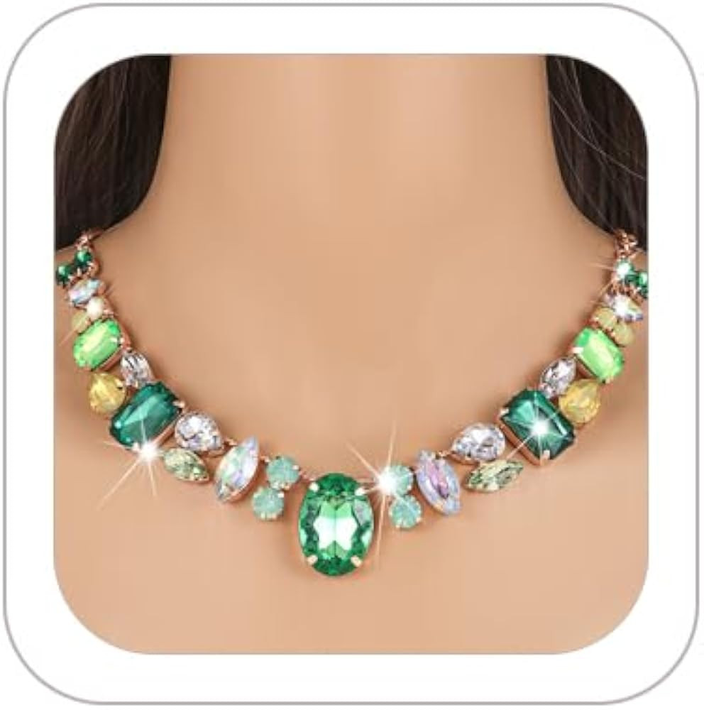 Chunky Colorful Crystal Choke Necklace For Women Shiny Rhinestone Geometry Oval Statement Necklac... | Amazon (US)
