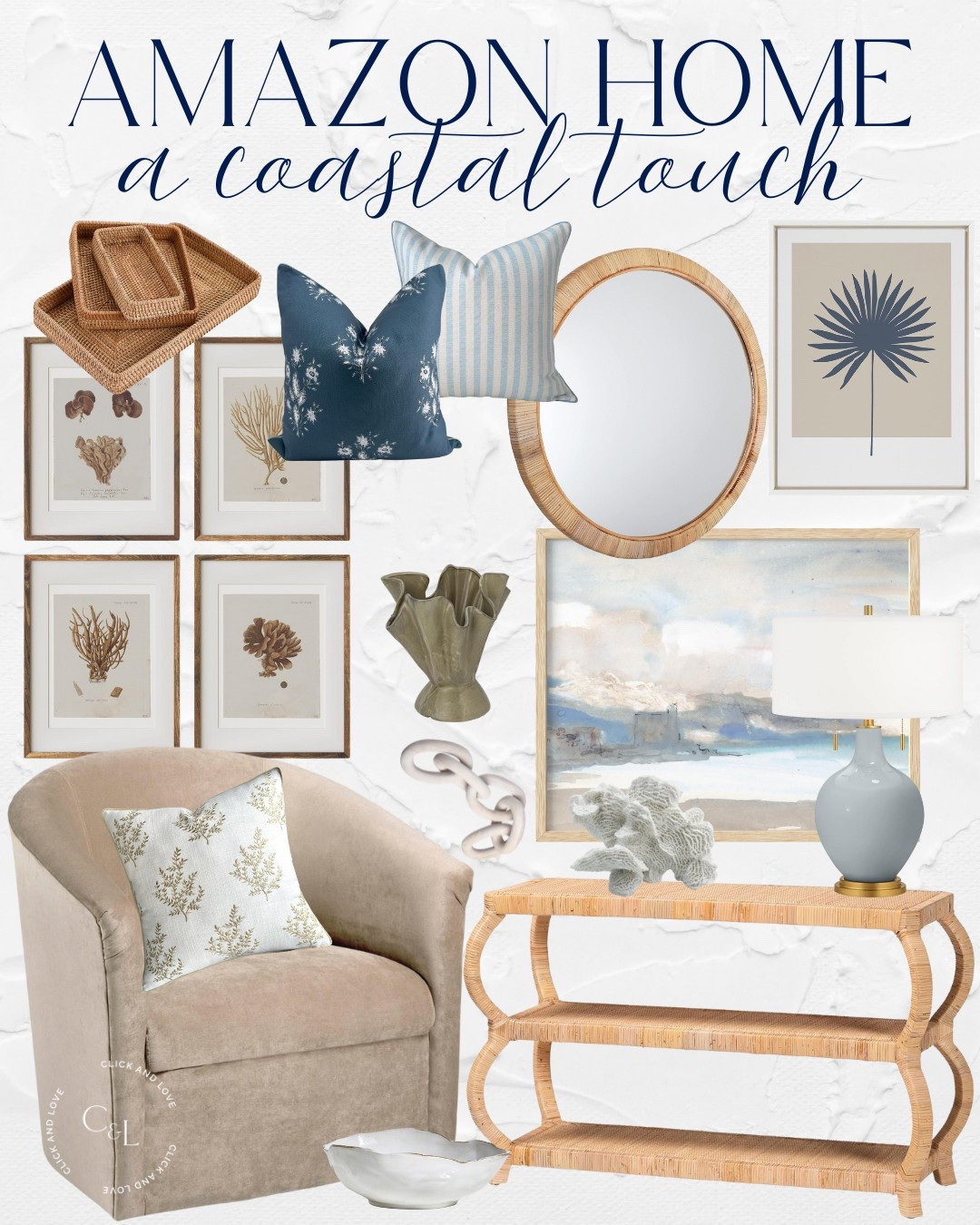 A touch of coastal decor from Amazon! Such a serene mood board for a beachy interior style 🌊

framed art, end table, console, accent table, accent pillow, pillow covers, patterned pillow, wall art, artwork, spindle chair, accent chair, white bowl, coral, decorative boxes, rattan nesting boxes, blue and white aesthetic, how to style a coffee table, home designer look for less, budget friendly home decor, fringe ottoman, ottoman, ceramic lamp, rattan furniture, grandmillennial style, beach house interiors, circle mirror, landscape art, stoneware vase, coral finds

#LTKFindsUnder100 #LTKHome #LTKStyleTip