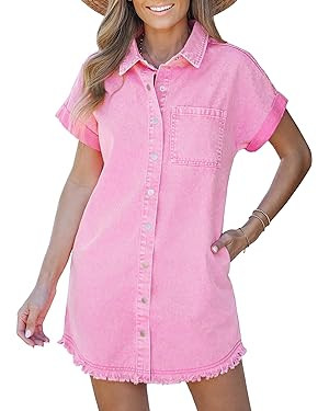 luvamia Denim Dress for Women Button Down Short Sleeves Casual Summer Jean Shirt Dresses with Poc... | Amazon (US)