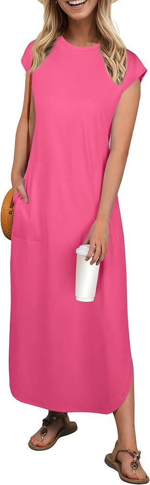 HiMONE Beach Vacation Dresses for Women 2025 Sundress Cap Sleeves Casual Maxi Beach Dress with Po... | Amazon (US)