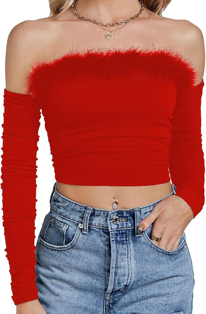 Rooscier Women's Off Shoulder Long Sleeve Feather Sexy Crop Top Tee Blouse | Amazon (US)