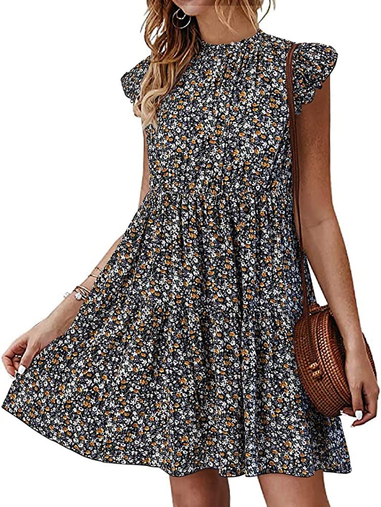 KIRUNDO Women‘s Summer Sleeveless Ruffle Sleeve Crew Neck Floral Print Mini Dress Casual Loose ... | Amazon (US)