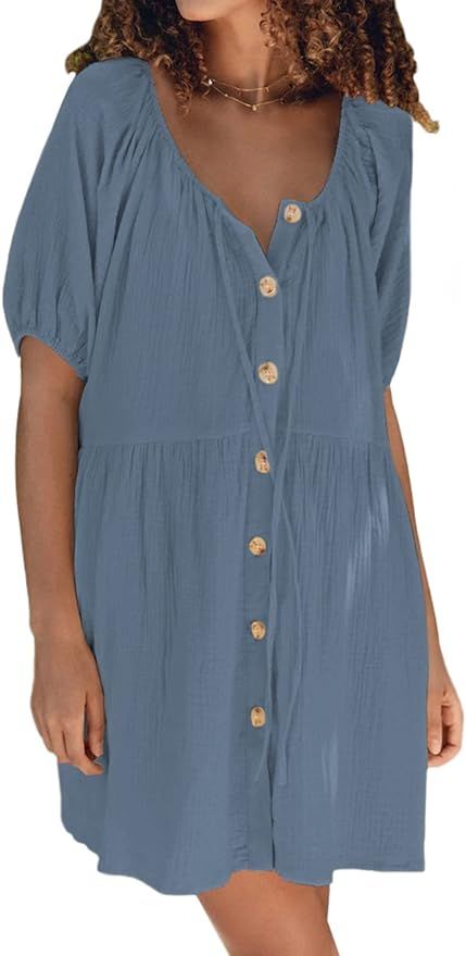 HUUSA Women's Casual Loose Mini Dress Summer Beach Short Sleeve Crewneck Button Down High Waist S... | Amazon (US)