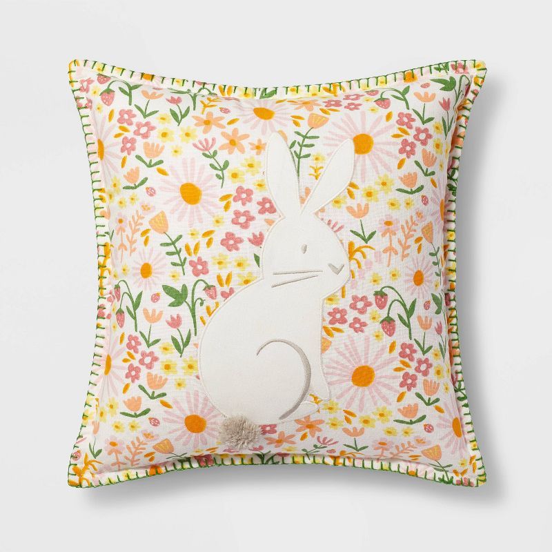 Bunny Applique Floral Easter Square Throw Pillow with Blanket Stitch Trim Cream - Spritz™ | Target