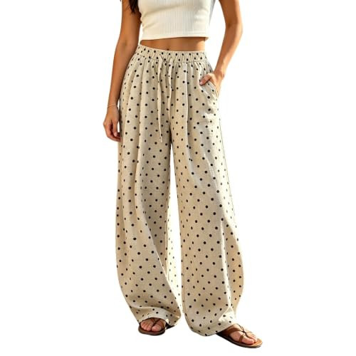 Zoziiee Women Polka Dot Pants Linen Blend Wide Leg Palazzo Trousers Khaki | Amazon (US)