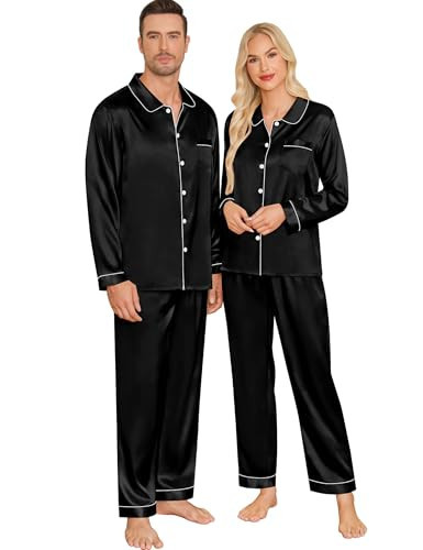 SWOMOG Couples Pajamas Sets Silk Satin Long Sleeve Sleepwear Button Down Loungewear Pjs Set Classic Pajama S-XXL Men and Women Black Small | Amazon (US)