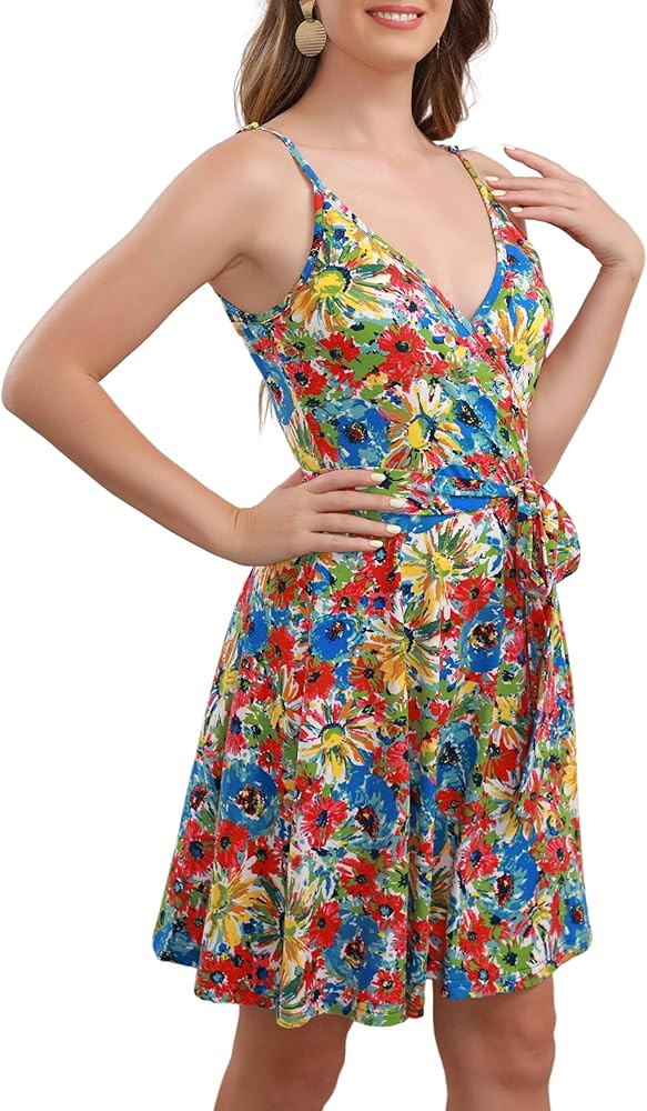 Aphratti Women's Summer Dress Casual Mini Sexy V-Neck Spaghetti Strap Faux Wrap Fit and Flare Sho... | Amazon (US)