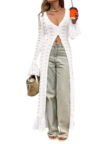 Saodimallsu Womens Crochet Long Cardigans Duster Button Up Bell Long Sleeve Ruffle 2026 Summer Boho Beach Cover Ups White | Amazon (US)