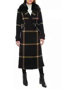 Women's Wool Printed Long Belted Fur Collar Coat | Belk