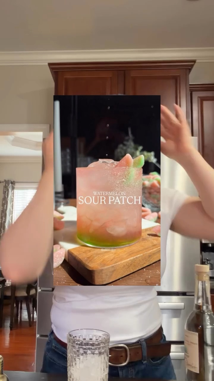 Watermelon Margarita 🍉🍹 + hanging out with my girlfriends and their families, yes please

This is your sign to invite someone over this week - who are you texting? 

Here’s the recipe: 
* 1.5 oz tequila
* 1.5 oz watermelon liqueur
* Juice of a lime
* Watermelon syrup (measure with your heart)
* Watermelon Sour patch
* Sugar

-In a shaker with ice add the tequila, watermelon liqueur, lime juice, and watermelon syrup (homemade - recipe in my broadcast channel) 
-Rub the lime on the rim of your glass and dip in the sour patch sugar (my bag didn’t have that much extra sugar so I added plain sugar from my pantry)
-Fill your cup with ice
-Pour over the ice and garnish with watermelon sour patch

Drink inspired by @nikki.sips 

#drinks #summerdrinks #margarita