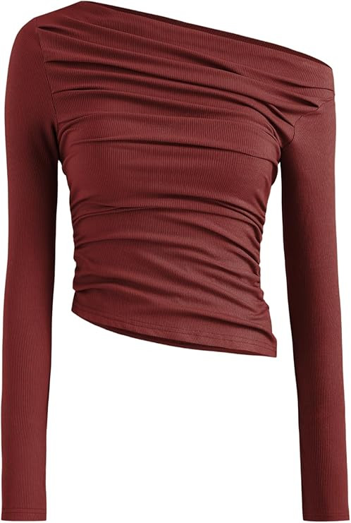 CIDER Solid Asymmetrical Neck Long Sleeve Top | Amazon (US)