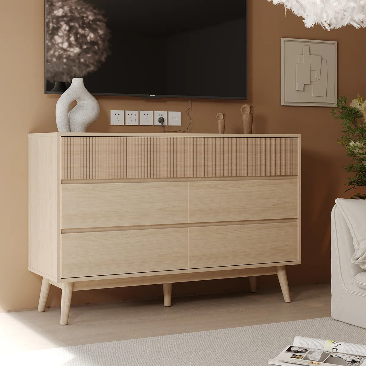 Natural Wood 8-Drawer Dresser - Striped Surface & Pull-Free Drawers | Wayfair North America
