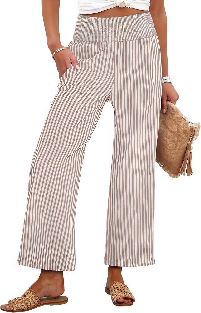 ANRABESS Womens Palazzo Pants, Striped & Gingham, Lounge & Casual, Cute Comfy Pajama Pants, Cropp... | Amazon (US)