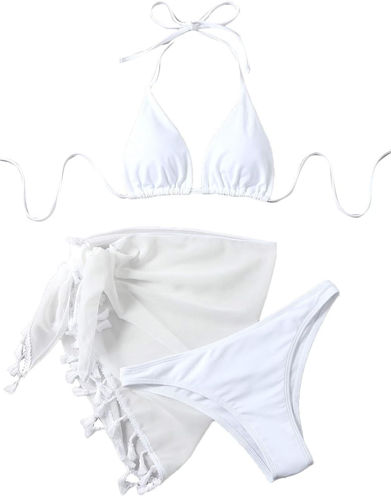 Verdusa Women's 3 Piece Bathing Suit White Triangle Bikini Amazon High Waisted Bikinis 2024 2023  | Amazon (US)