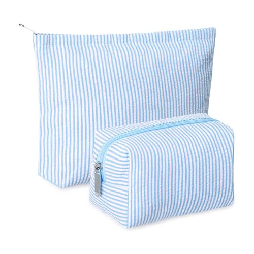 Huhumy 2 Pcs Makeup Bag Set Cute Cosmetic Pouch for Women Seersucker Travel Toiletry Bag Preppy Small Makeup Purse Pouch Aesthetic Skincare Brushes Storage Organizer for Valentine Women(Blue) | Amazon (US)