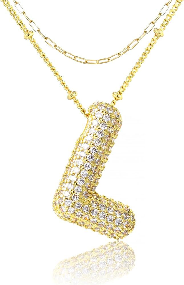 Bubble Letter Necklace Layered Necklaces for Women Cubic Zirconia 14k Gold Plated Dainty Alphabet... | Amazon (US)