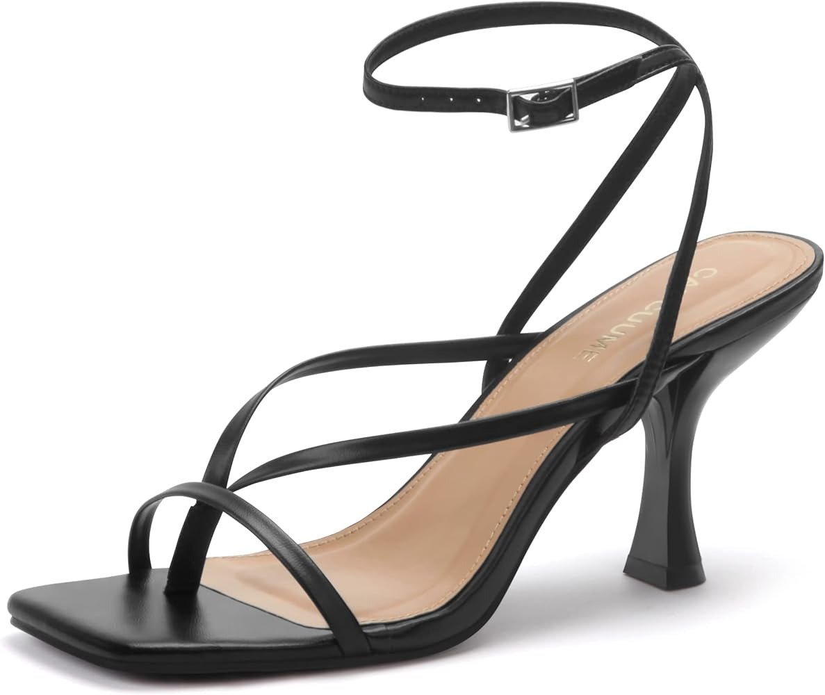 Carcuume Womens Kitten Heels Square Toe Thong Strappy Ankle Strap Stiletto Heel Sandals | Amazon (US)