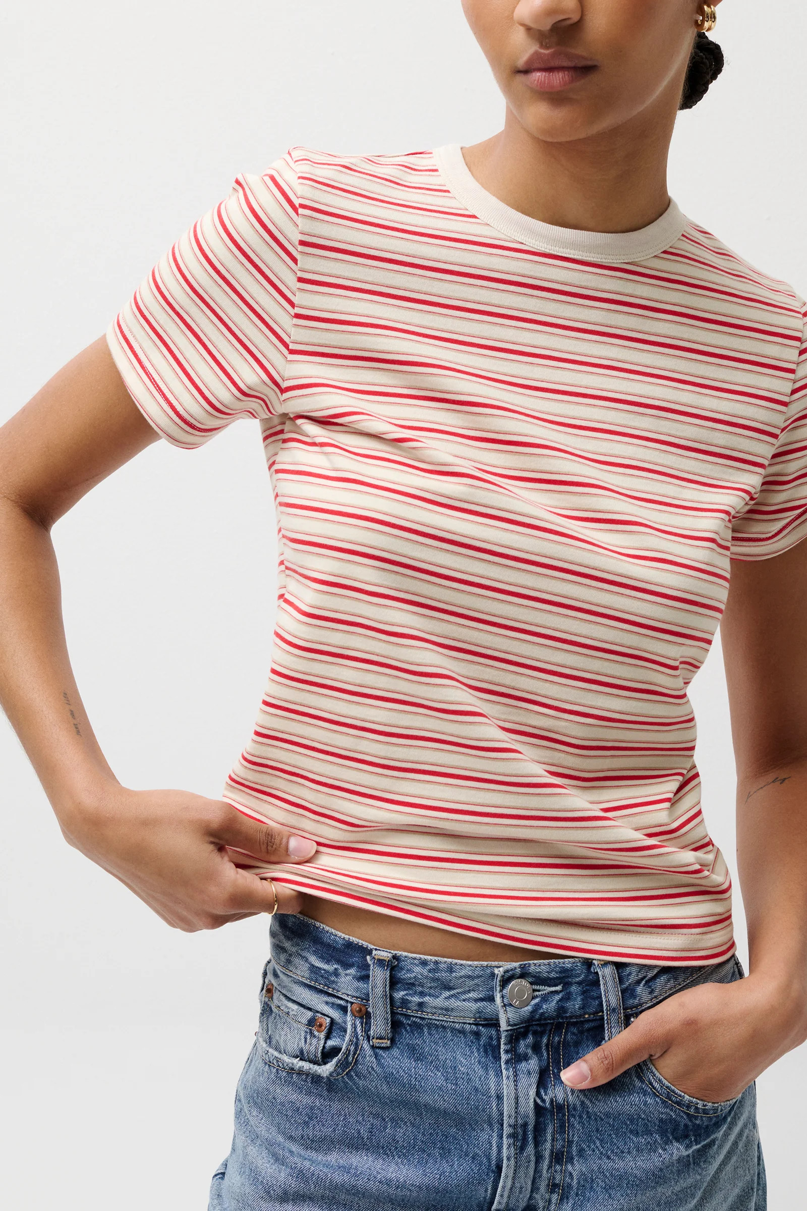 Alba Shrunken Tee in White Red Stripe | Pistola Denim