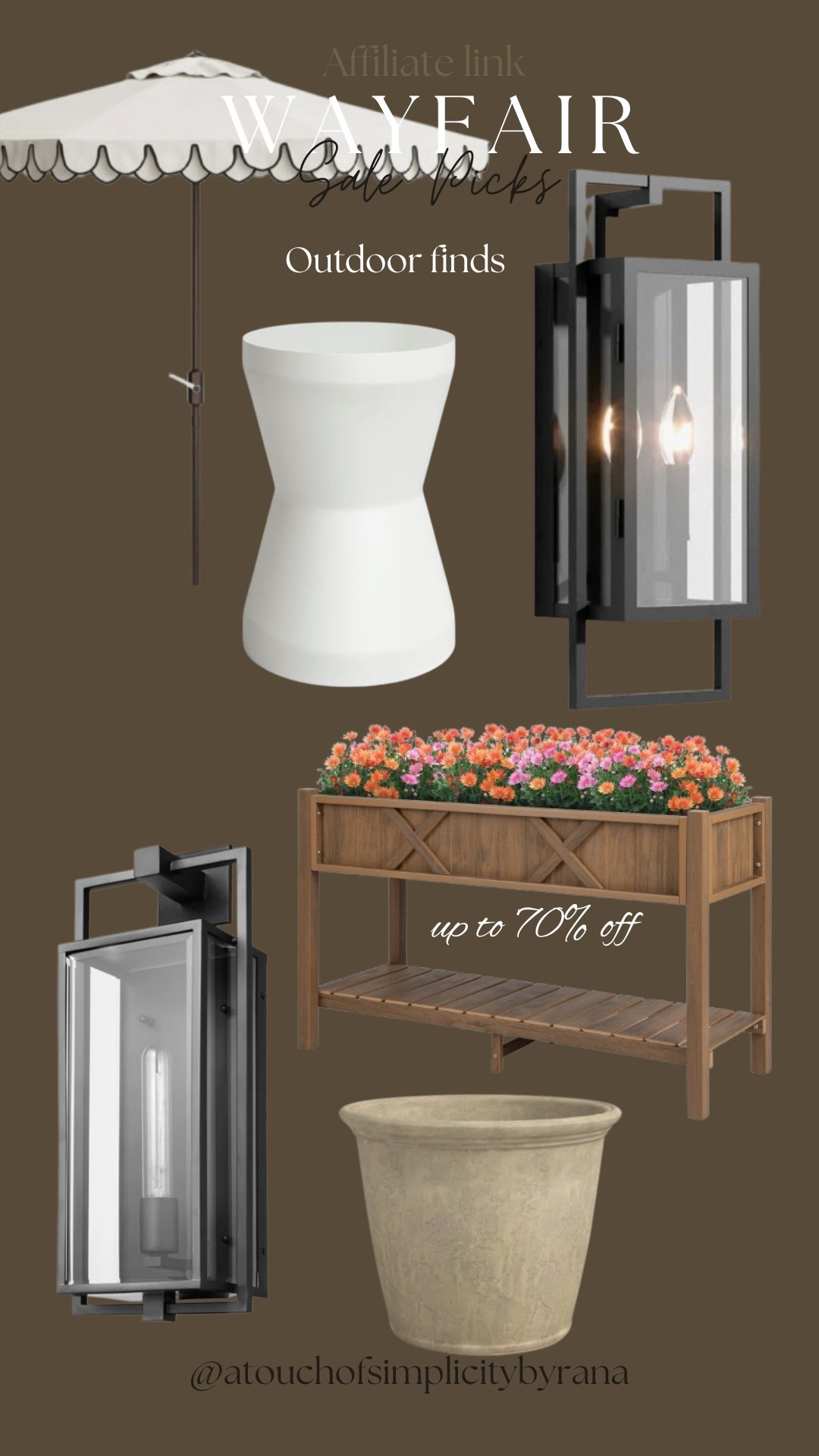 @wayfair #wayfair Wayfair's Memorial Day clearance is live!! I've rounded up some of my favorite timeless pieces for both indoor and outdoor so you can refresh your home for warmer days ahead. Up to 70% off!

Outdoor finds, outdoor side table, concrete table, raised garden bed, outdoor wall lights, planter, umbrella, patio finds, patio furniture 

#LTKHome #LTKStyleTip #LTKSaleAlert