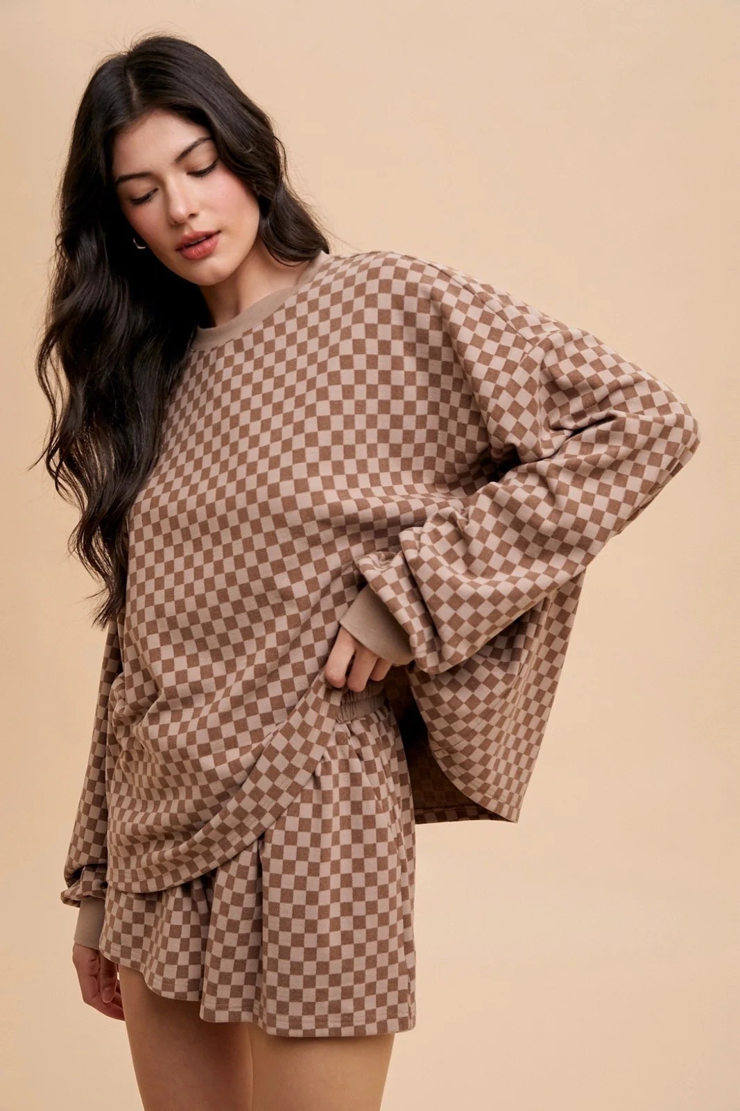 Mocha Checkered Plaid Pullover Shorts Set | PinkBlush Maternity
