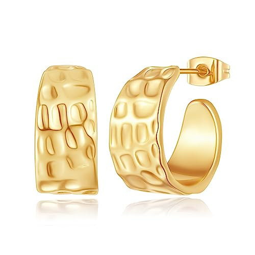 Chunky Gold Hoop Earrings for Women, 14K Gold Plated Hammered Hoop Earrings for Women Open Hoop Gold Earrings for Women Dainty Small Gold Hoops Earrings for Women Trendy Stud Earring for Women | Amazon (US)