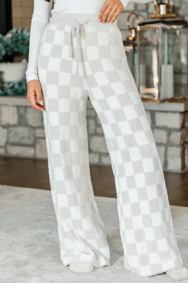 Movies And Chill Fuzzy Taupe And Ivory Checkered Lounge Pants | Pink Lily