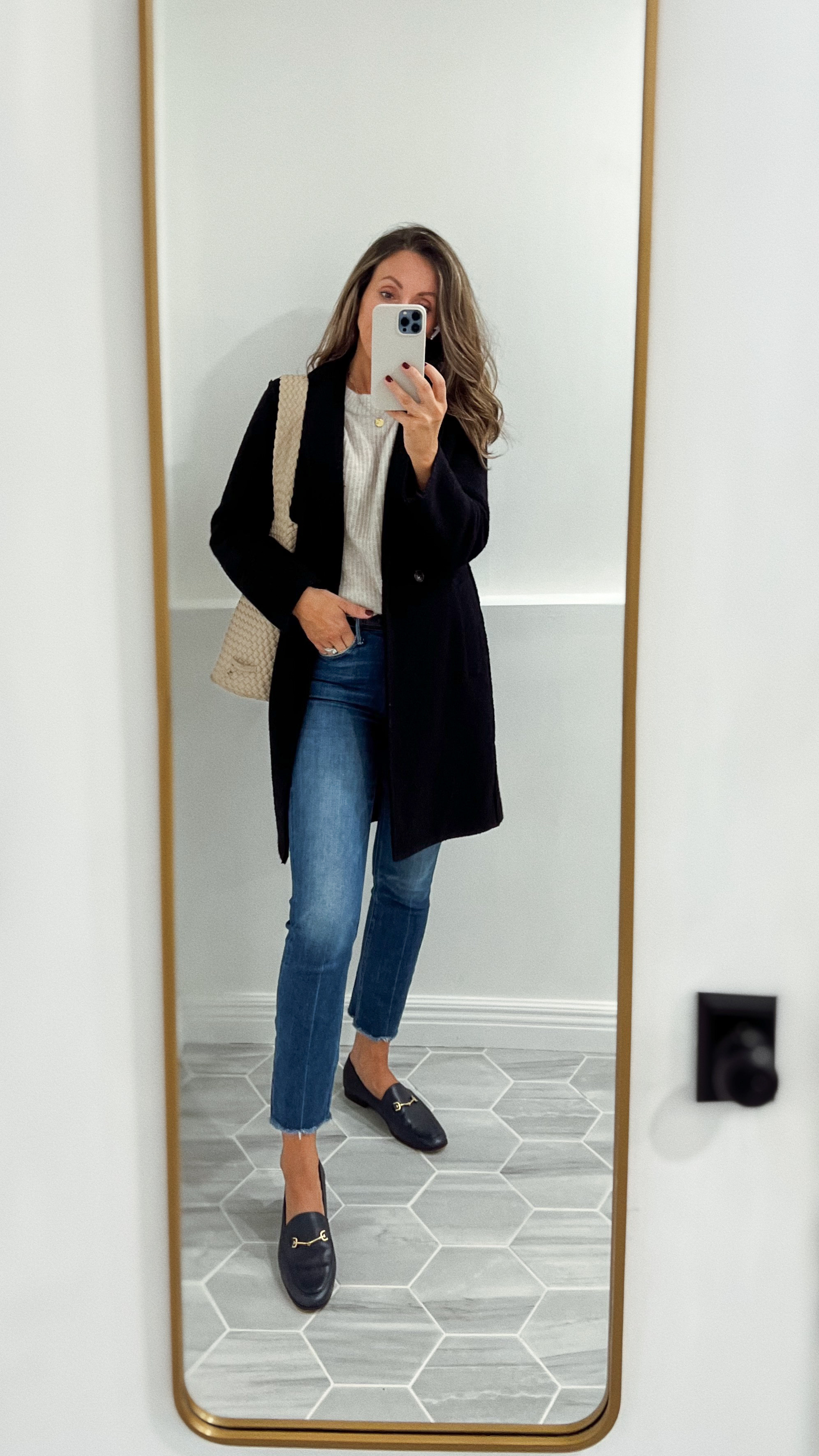 Wardrobe classics.  I have this fall coat in camel too. It’s wish a perfect warm fall layer (not lined). Black is in my true side and I sized down in camel. Both sit similarly to me. 
Loafers tts. Sweater in xs. It has been a favorite for a few years now.  
Jeans linked are same style, different wash (mine are old)

#LTKStyleTip #LTKOver40 #LTKSaleAlert
