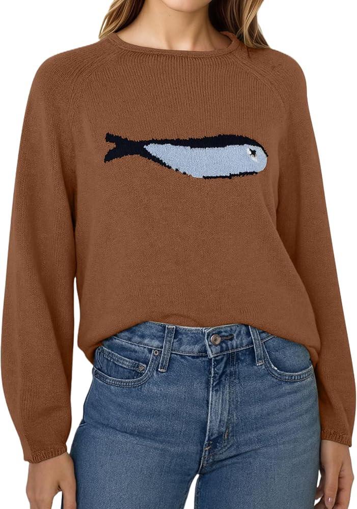 Ythomm Womens Fish Graphic Sweaters Mock Turtleneck Long Sleeve Knit Tops Rolled Trim Fun Graphic... | Amazon (US)