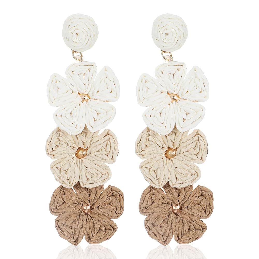 2pcs Boho Raffia Flower Earrings, Floral Boho Statement Dangle Spring Earring, Trendy Cute Rattan... | Amazon (US)