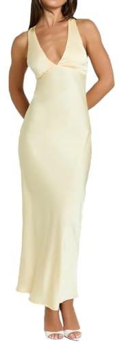 Yixinjew Summer Satin V Neck Backless Maxi Dresses for Women 2025 Silk Sleeveless Formal Bridesmaid Wedding Guest Dress Yellow | Amazon (US)