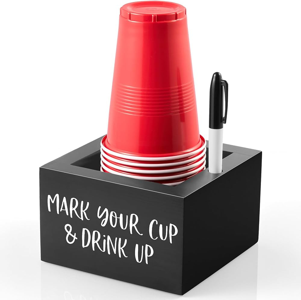 DRASTAR Cup Holder with Marker Slot, Mark Your Cup and Drink Up Caddy, Farmhouse Drink Holder for Party Bar, Black Wood Disposable Cup Holder, Plastic Cup Organizer, Gift for Hostess, Black | Amazon (US)