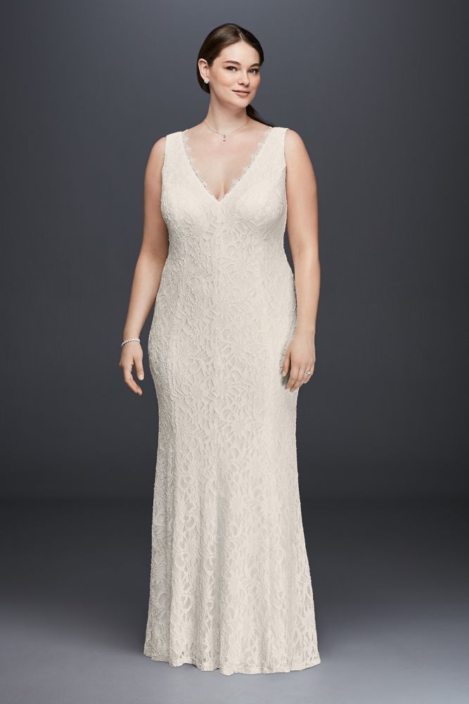 Allover Lace V-Neck Plus Size Sheath Wedding Dress Style 183626DBW | Davids Bridal