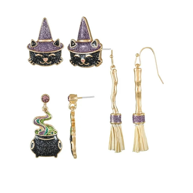 Way to Celebrate Halloween Motif Earring Trio, Black Cat, Couldron, Boomstick, 3 Pairs, Female | Walmart (US)