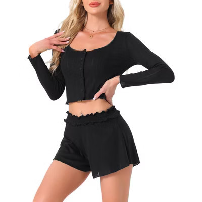 INSPIRE CHIC Women's Long Sleeve Button Shirts with Shorts 2 Pcs Pajamas Set Black X-Small | Target