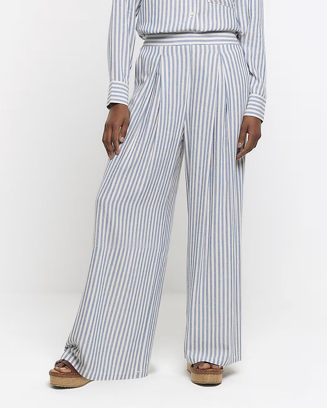 Blue linen blend stripe wide leg trousers | River Island (UK & IE)