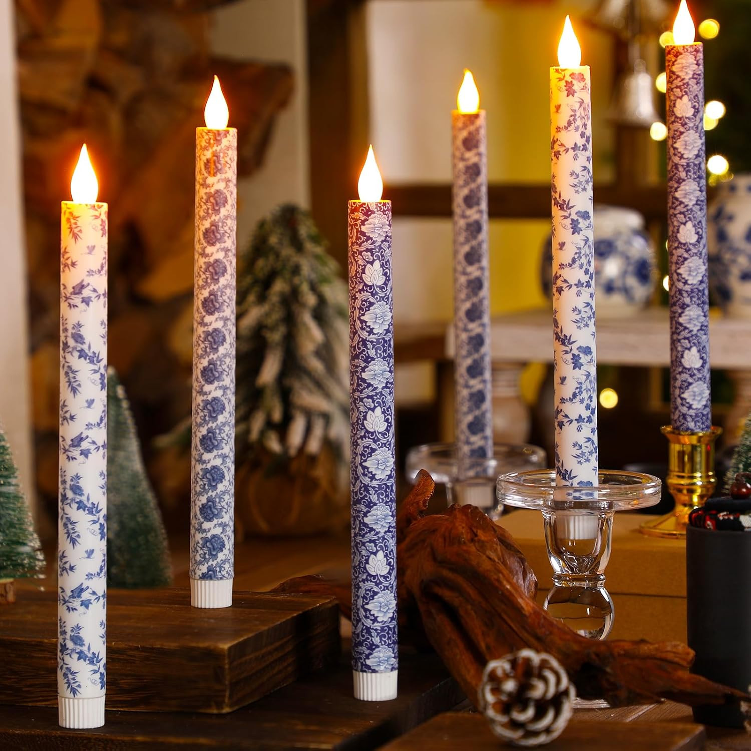 6 Pcs Chinoiserie Flameless Candles 10.6 Inch Blue and White Battery Operated Led Candlesticks Ch... | Amazon (US)