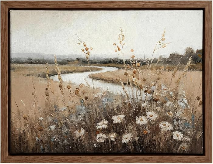 Landscape Framed Canvas Wall Art 16x12 Inch – Neutral River Meadow Painting with Wildflowers ... | Amazon (US)