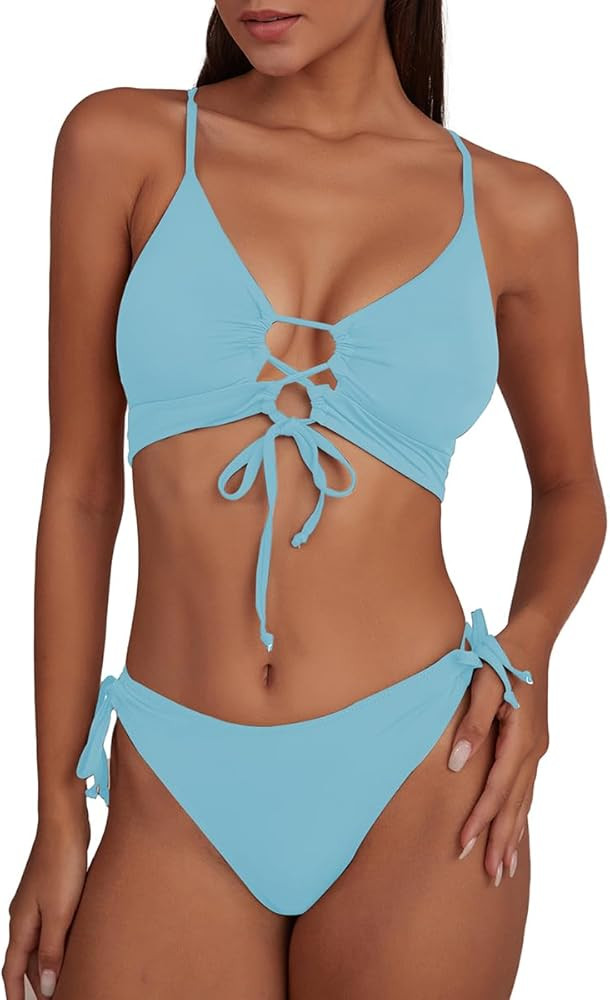 CHYRII Womens Sexy Cutout Bikini Sets Lace Up High Cut Thong Two Piece Swimsuit | Amazon (US)