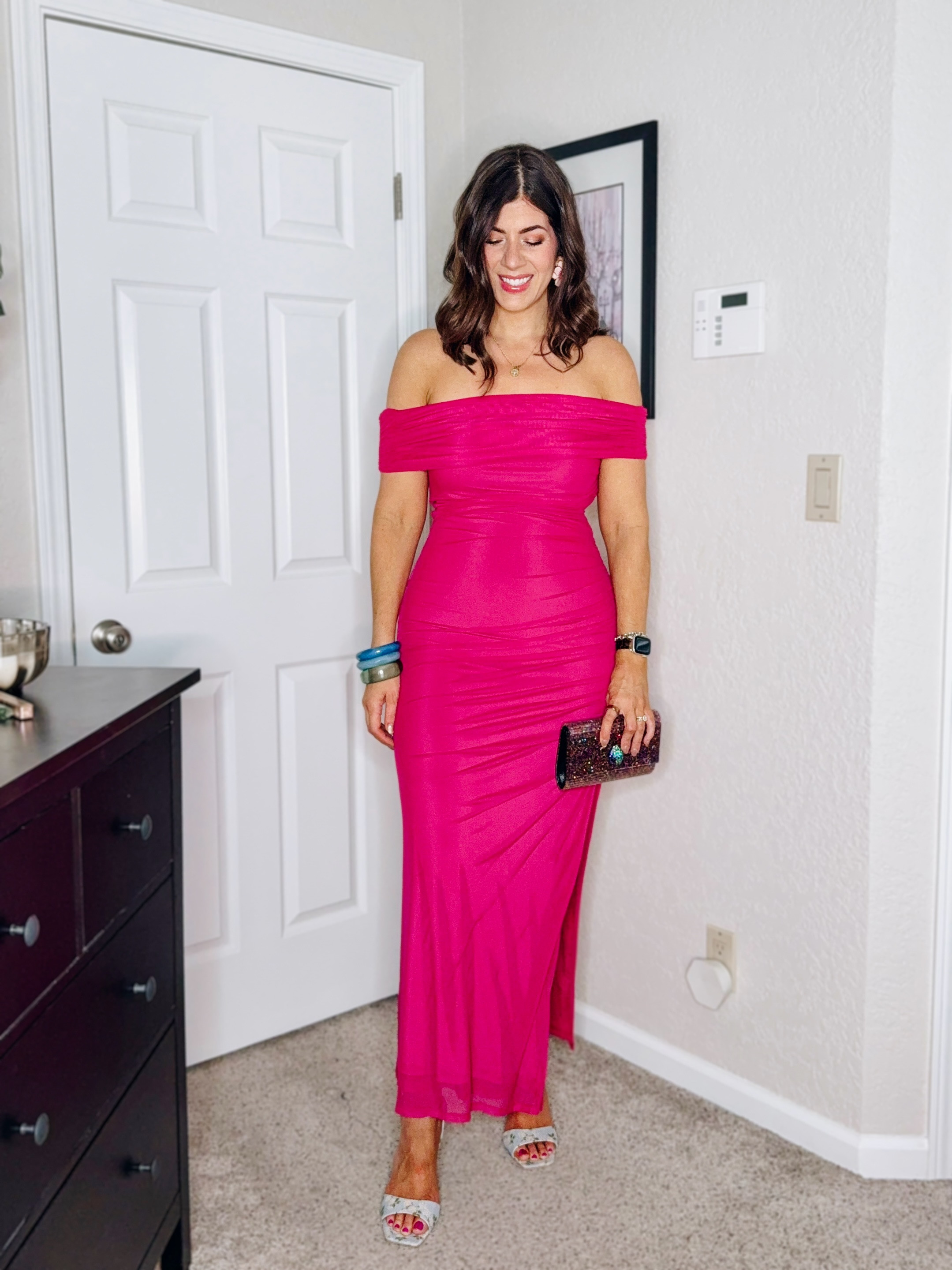 In a medium tall off the shoulder mesh dress 

#LTKFindsUnder50 #LTKMidsize #LTKWedding