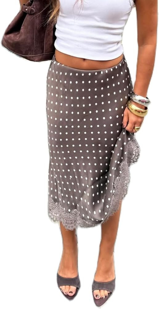 Women Lace Satin Maxi Skirt Y2K Lace Trim Silk Half Slip Skirt High Waist Silk A Line Long Unders... | Amazon (US)