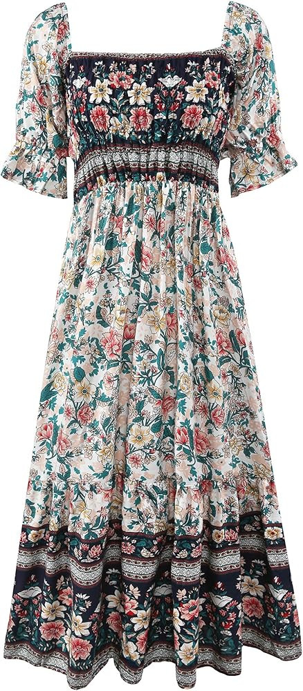 Women's Boho Vintage Puff Sleeves Midi Dress,Off Shoulder A-Line Flowy Long Dresses | Amazon (US)