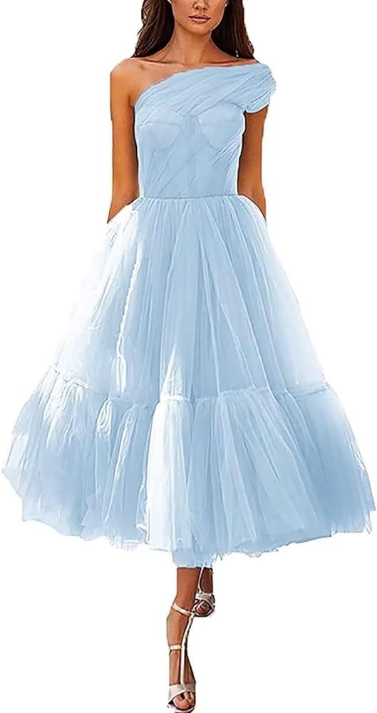 One Shoulder Tulle Prom Dresses for Women 2024 Tea Length Corset Formal Party Dress | Amazon (US)