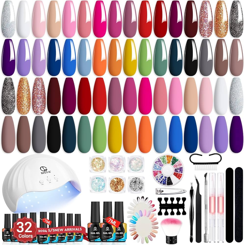 MEFA 56 Pcs Gel Nail Polish Kit with U V Light, 32 Colors All Seasons Soak Off Gel Polish Nail Se... | Amazon (US)