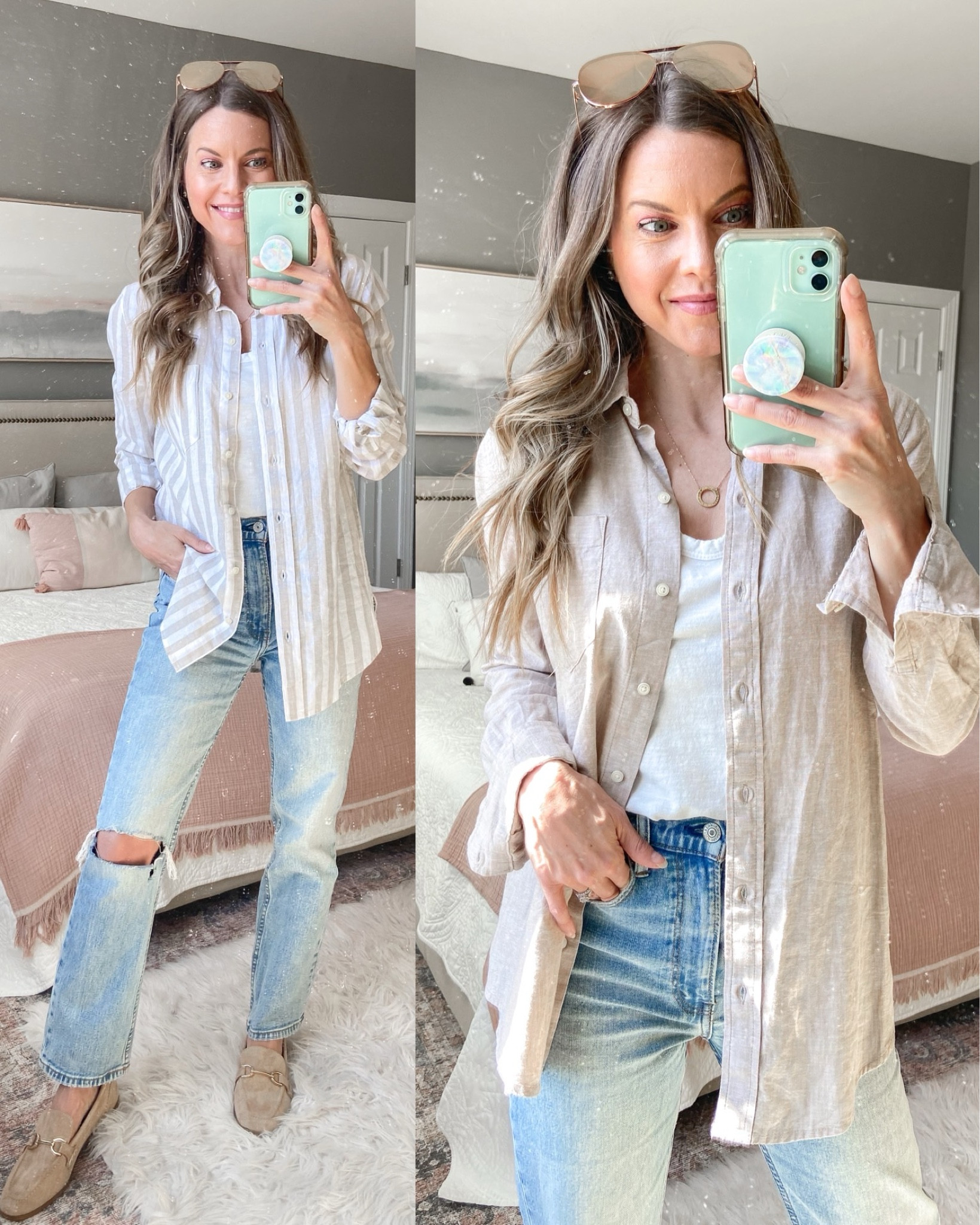 Linen button-down shirt.
Spring outfits.
Striped linen button-down.
Taupe loafers.

I am wearing the GAP Factory Easy Shirt in color khaki and khaki stripe (last year). Current year linked below.

My Abercrombie jeans are last year’s edition, but same fit linked below.

#LTKstyletip #LTKover40 #LTKfindsunder50
