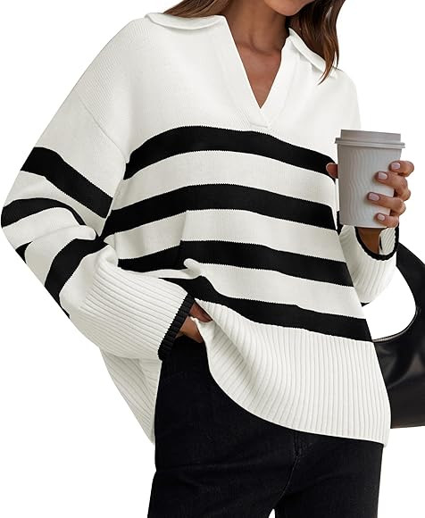 ZESICA Women's 2023 Winter Striped Sweaters Lapel V Neck Long Sleeve Chunky Knit Oversized Pullov... | Amazon (US)